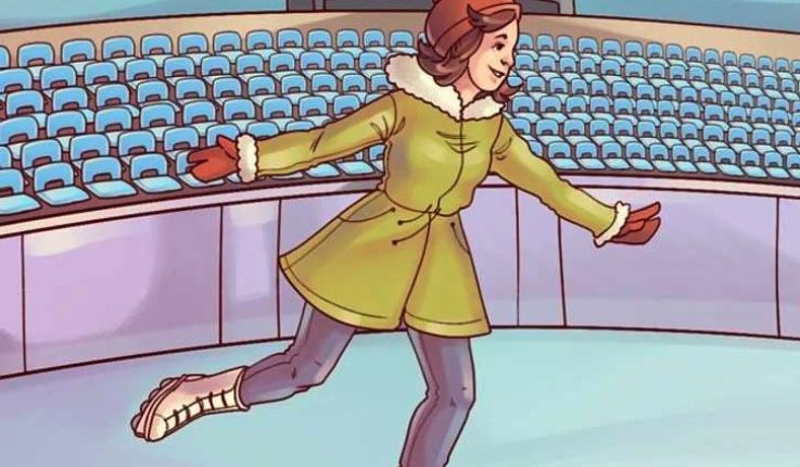 Illustration of a woman ice skating in an arena.