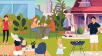 Illustration of people enjoying a backyard gathering.