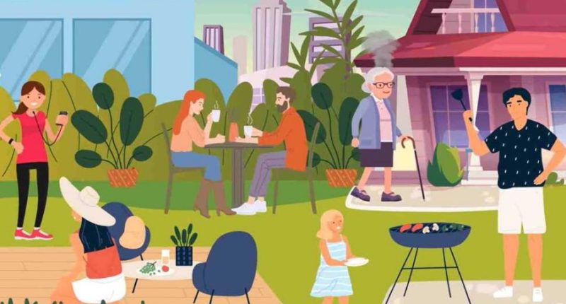 Illustration of people enjoying a backyard gathering.