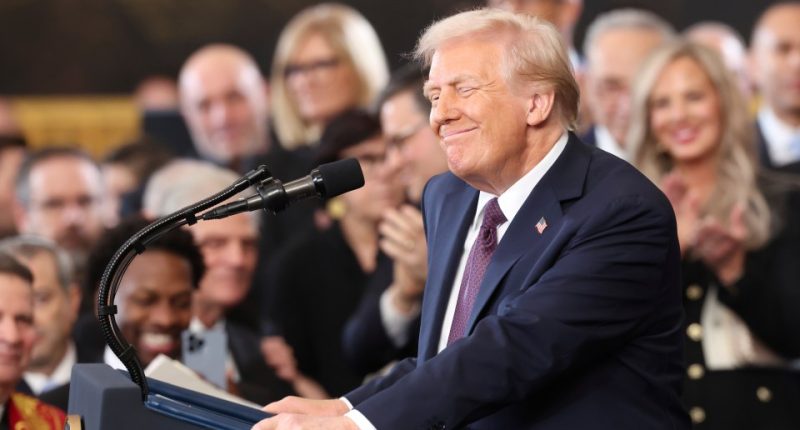 President Donald Trump speaking at a ceremony.
