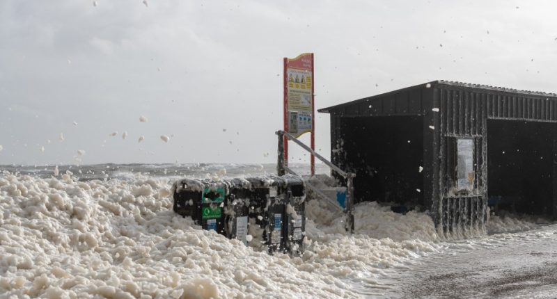 Sea foam from strong waves covers a beach, overflowing trash cans and a beach shelter.