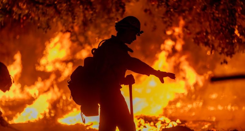 Silhouette of a firefighter battling a wildfire.