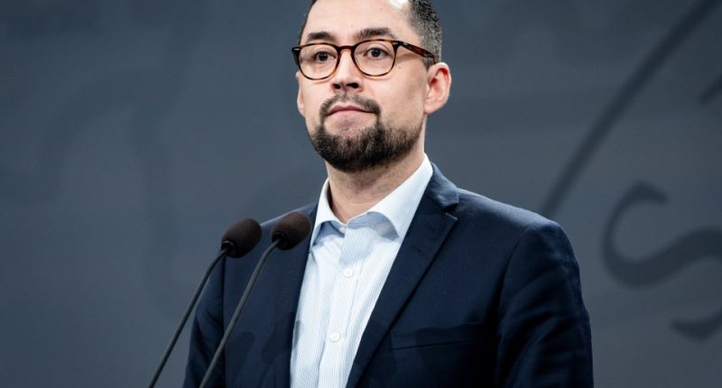 Greenland's Prime Minister Mute Bourup Egede at a press conference.