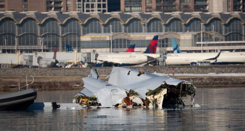 Debris of a plane crash in the Potomac River near Reagan National Airport.