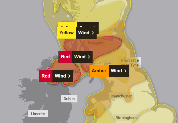 Map of Great Britain and Ireland showing weather warnings for wind and rain.