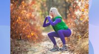 fit blonde woman doing squats outdoors