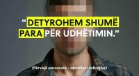 Illustration of a pixelized man with text in Albanian warning about the dangers of illegal immigration.