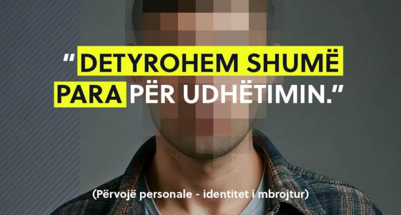 Illustration of a pixelized man with text in Albanian warning about the dangers of illegal immigration.