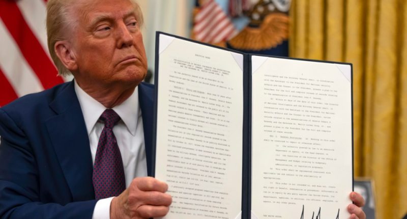 President Trump signing documents in the Oval Office.