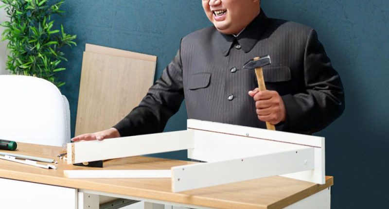 Kim Jong-un assembling IKEA furniture.