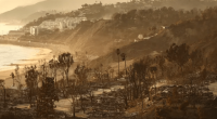 A view of destroyed homes as the Palisades Fire continues to burn with wildfires causing damage and loss through Los Angeles County
