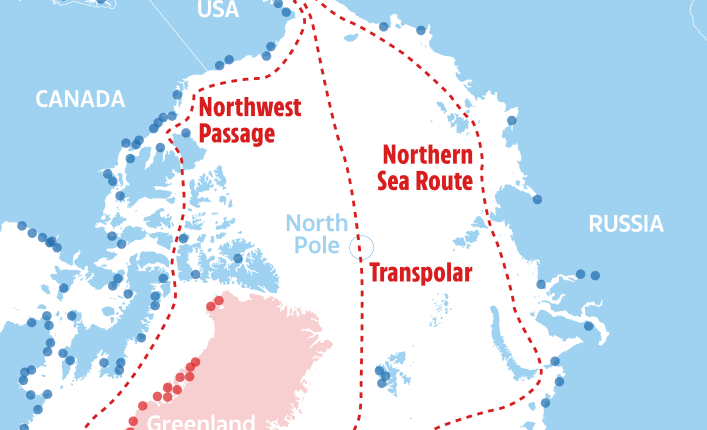 Map of Arctic trade routes highlighting Greenland's strategic location.