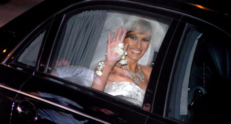 Melania Trump waving from a car after her wedding.