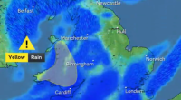 UK weather map showing yellow rain warning in Wales.