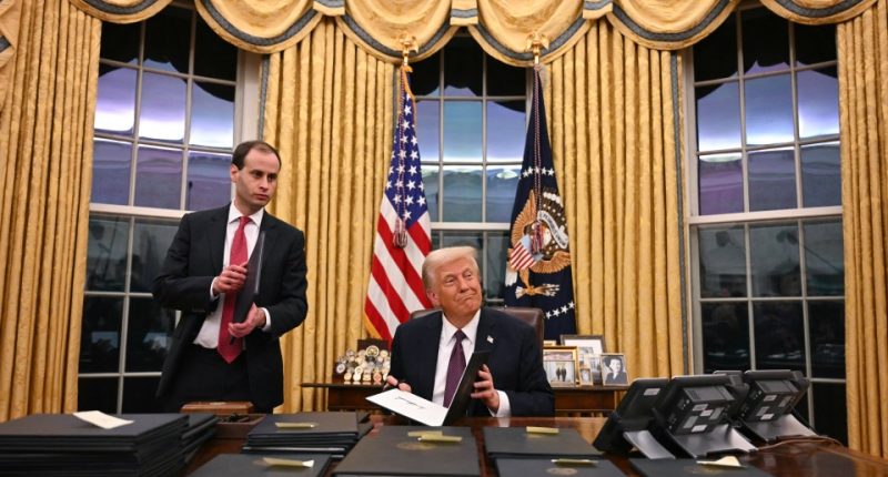President Trump signing executive orders in the Oval Office.