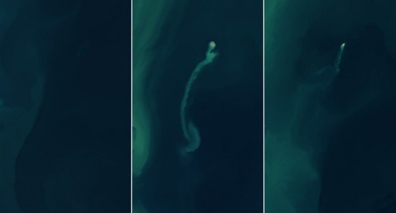 Satellite images showing the formation and erosion of a Caspian Sea island.