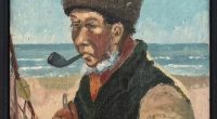 Painting of a man smoking a pipe on a beach.