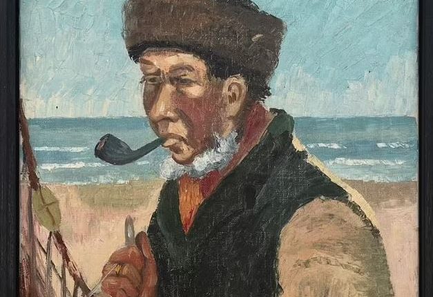 Painting of a man smoking a pipe on a beach.