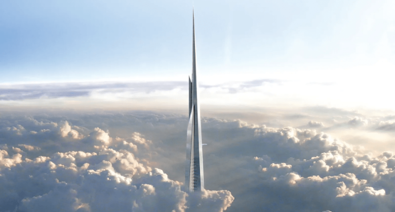 Illustration of the Jeddah Tower rising above the clouds.