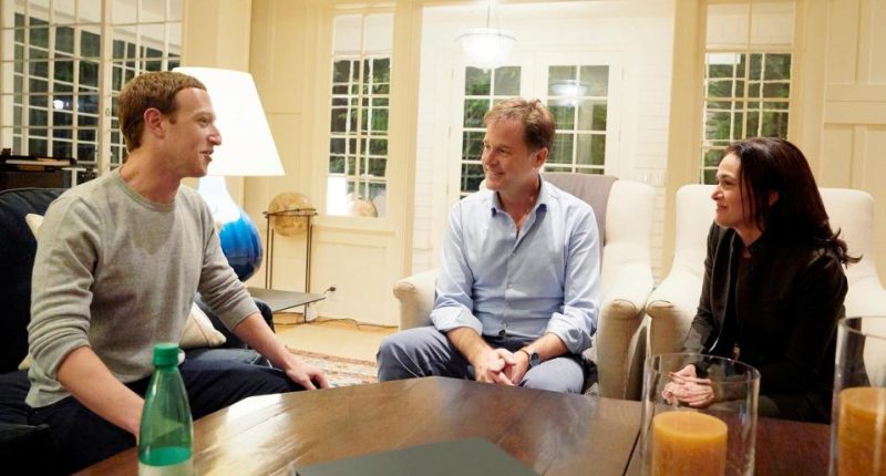 Facebook boss Mark Zuckerberg (left) with Nick Clegg (centre) and former Facebook chief operating officer Sheryl Sandberg (right)