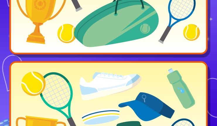 Illustration of a spot-the-difference game featuring two nearly identical images of tennis equipment.