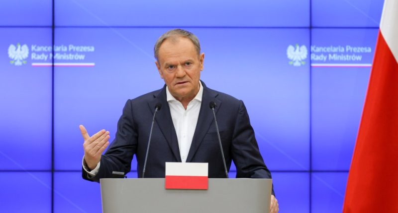 Polish Prime Minister Donald Tusk at a press conference.