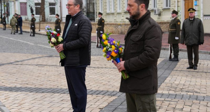 Keir Starmer and Volodymyr Zelenskyy holding wreaths.