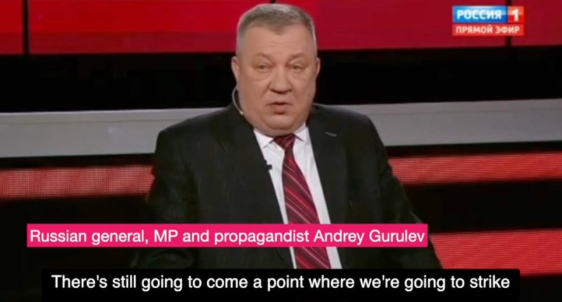 Andrey Gurulev, a Russian general, MP, and propagandist, on television.