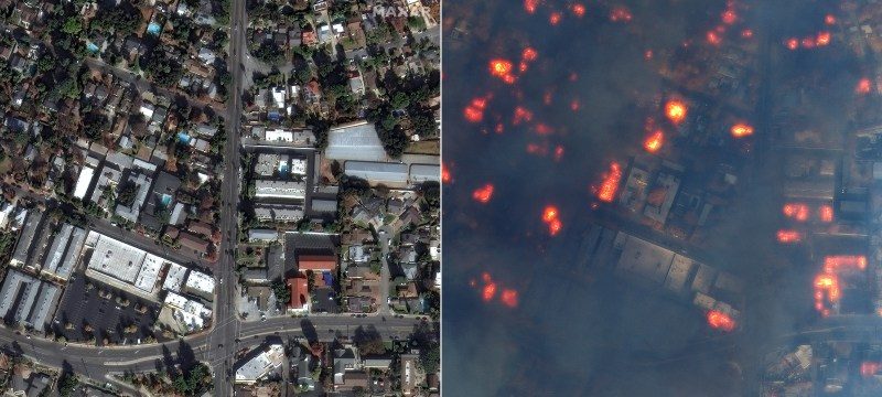 East Altadena Drive in Altadena before (left) and during the wildfire blaze (right)