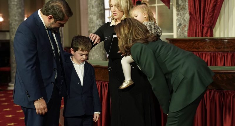 Senator's son's awkward five-word comment to Kamala Harris