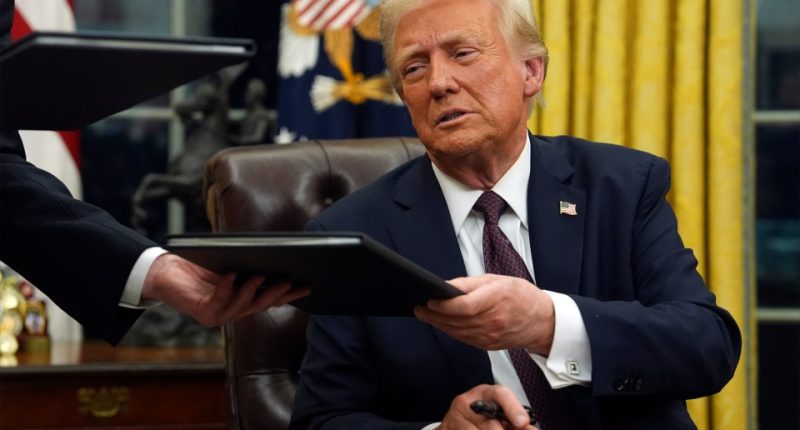 President Donald Trump signing executive orders in the Oval Office.