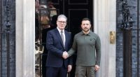 President Zelensky of Ukraine shaking hands with UK Prime Minister Keir Starmer at 10 Downing Street.