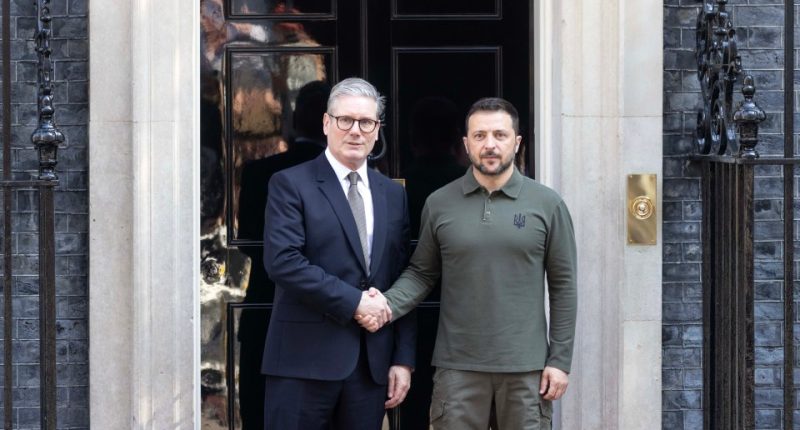 President Zelensky of Ukraine shaking hands with UK Prime Minister Keir Starmer at 10 Downing Street.
