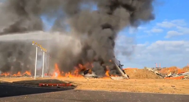 The burning wreckage of a Jeju Air Boeing 737-800 series aircraft
