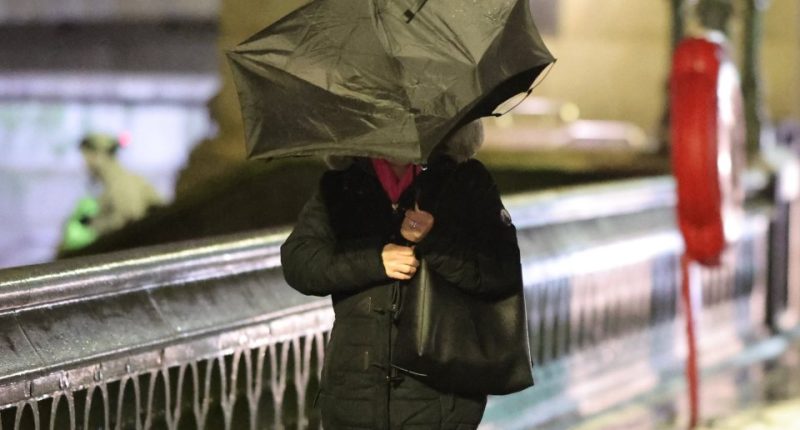 Person sheltering under an umbrella during a storm in London.