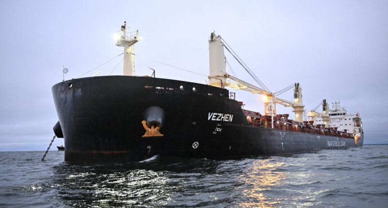 Cargo ship Vezhen anchored for examination by Swedish authorities.