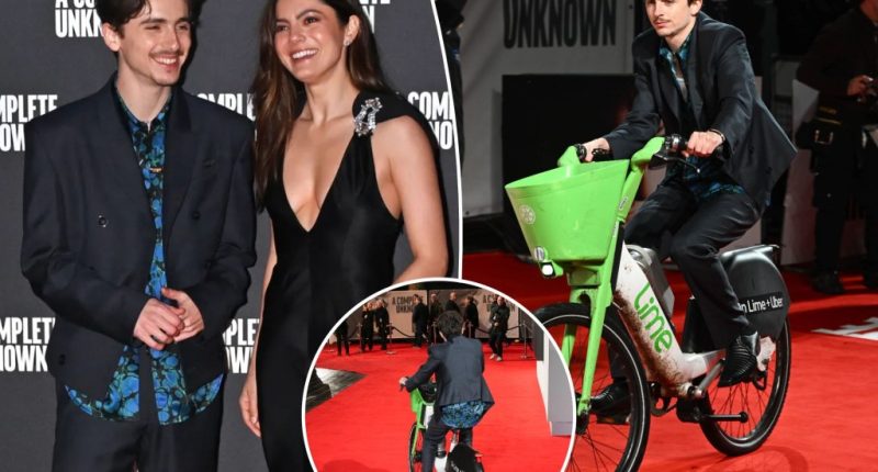 Timothée Chalamet e-bikes his way to the UK premiere of 'A Complete Unknown'