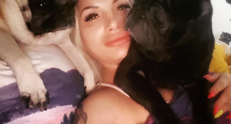 Woman holding two pugs in a colorful forest.