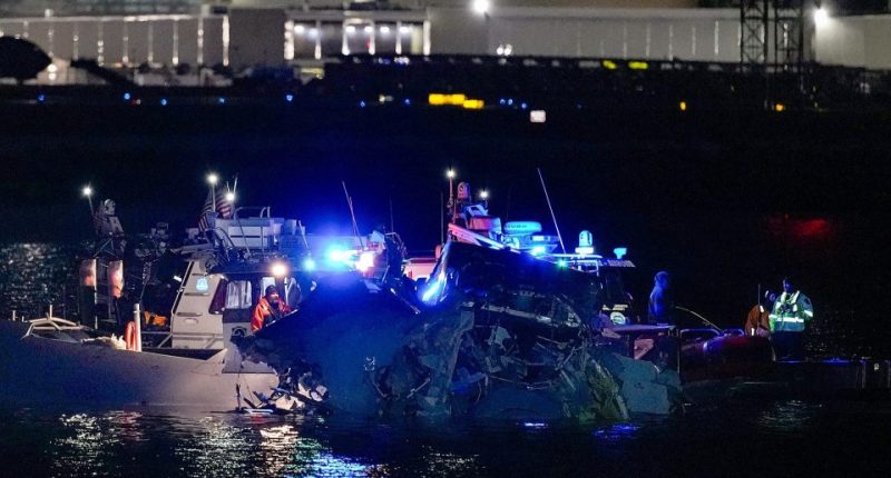 Emergency responders at the scene of a plane crash in the Potomac River.