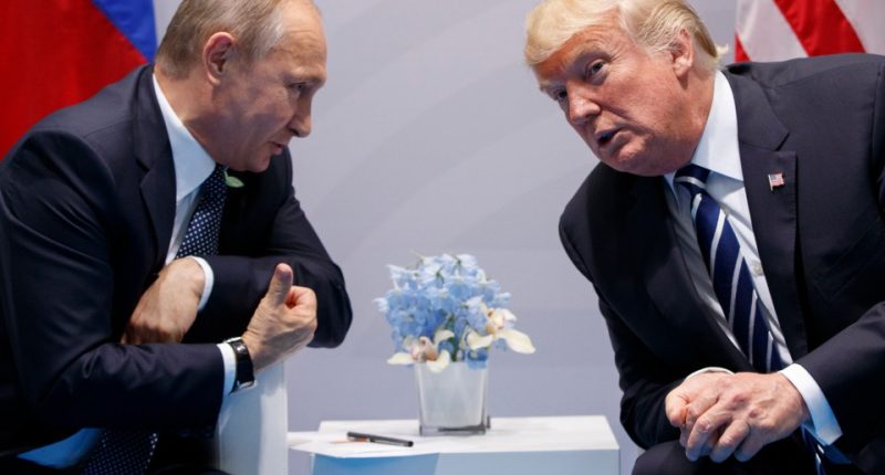 Presidents Vladimir Putin and Donald Trump in a meeting.
