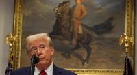 President Trump speaking at a podium in the White House.