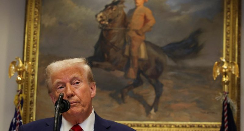 President Trump speaking at a podium in the White House.