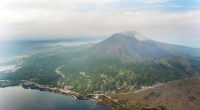 Aerial view of Mount Sakurajima volcano in Japan.