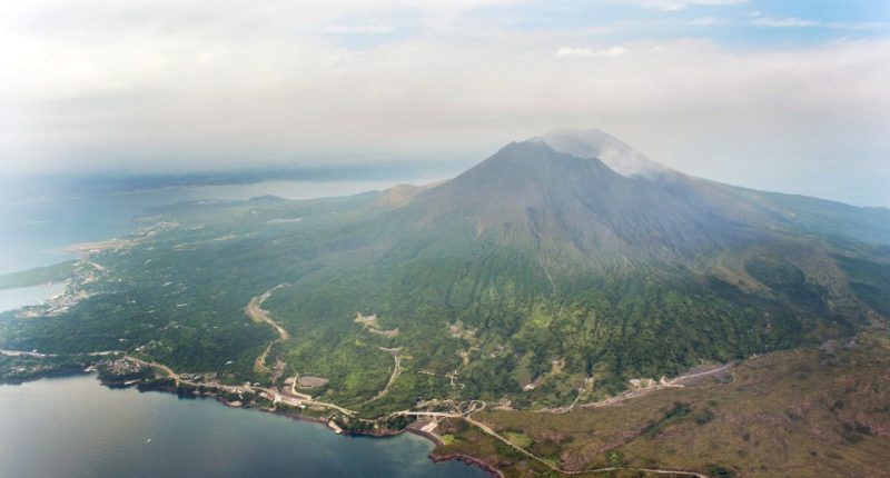 Aerial view of Mount Sakurajima volcano in Japan.