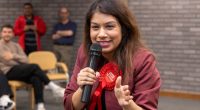 Tulip Siddiq, Labour candidate, speaking at a campaign event.