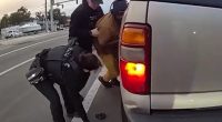 Police officers arresting a suspect next to his SUV.