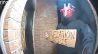 Watch mysterious Satanic creep stalk neighbourhood & appear in horror doorbell cam vids holding apocalyptic Bible verse