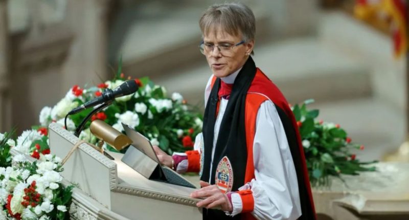 Mariann giving a speech at a podium.
