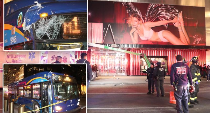 Worker killed while changing billboard in front of NYC Victoria's Secret store after MTA bus clips small boom lift
