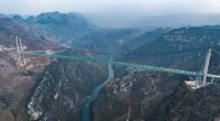 Aerial view of the Huajiang Grand Canyon Bridge under construction in China.